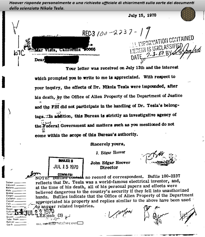 J.Edgar Hover sui documenti di Nikola Tesla - coscienza